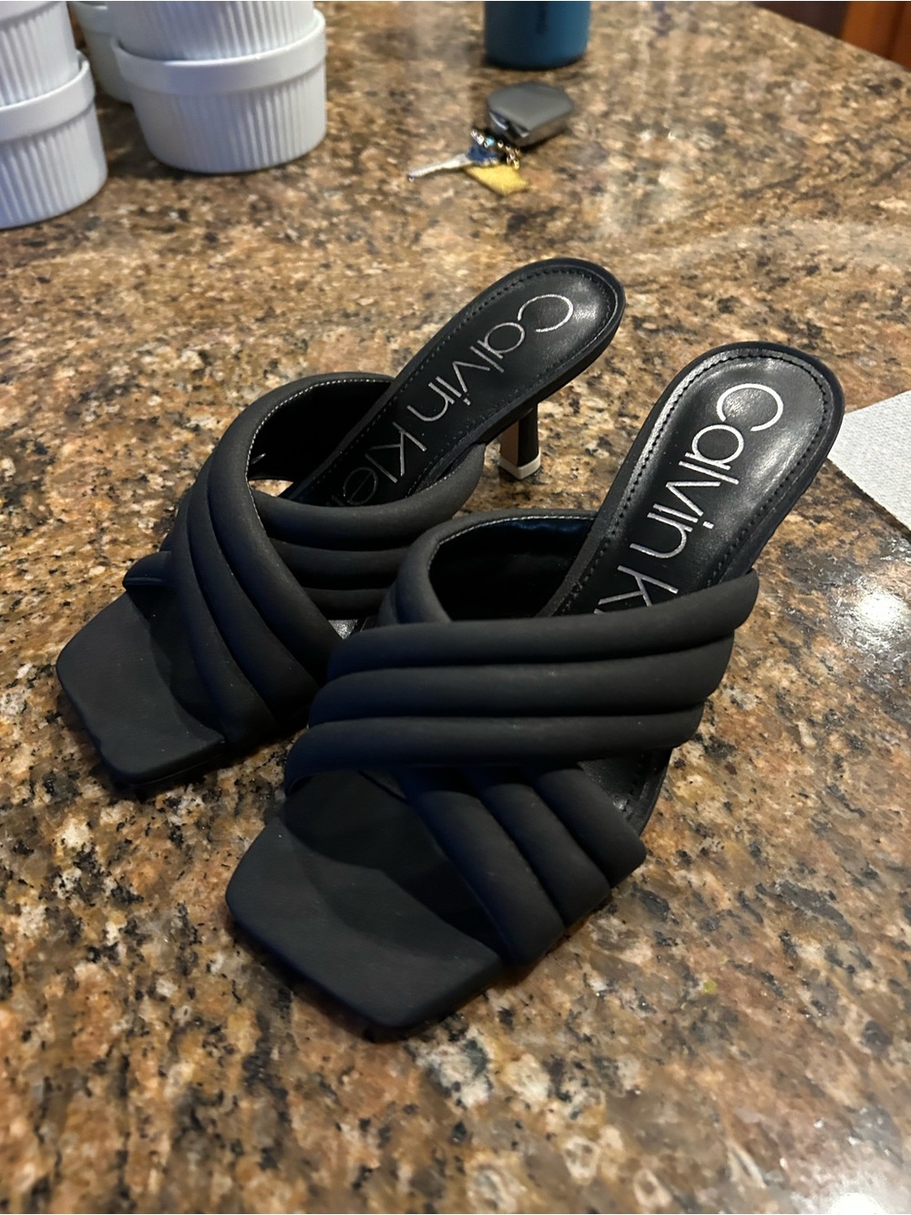 Calvin Klein Black Quilted Strap Mule Heels